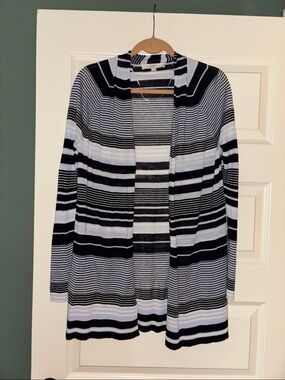 LOFT Navy/Lilac/White Striped Open Cardigan